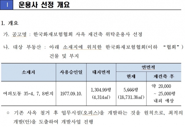 화재보험협회 사옥 재건축 위탁운용사 선정 제안요청서. 자료: 나라장터